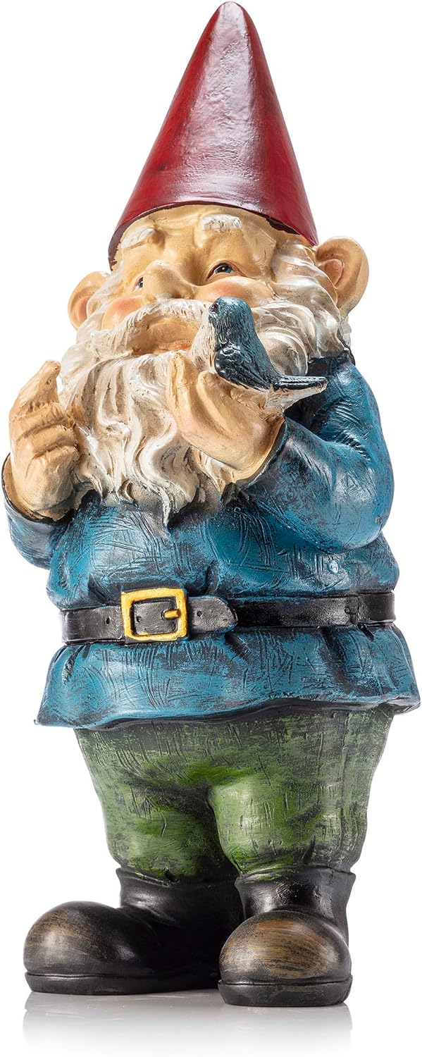 Alpine Corporation 12" Tall Garden Gnome Outdoor Yard Statue with Colorful Bird Accent - Image 9