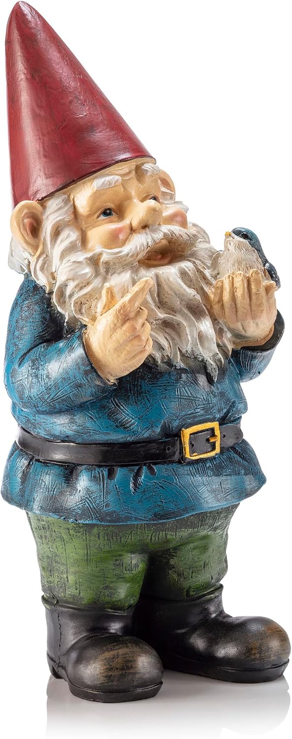 Alpine Corporation 12" Tall Garden Gnome Outdoor Yard Statue with Colorful Bird Accent, Playful Polyresin Decoration, Multicolor
