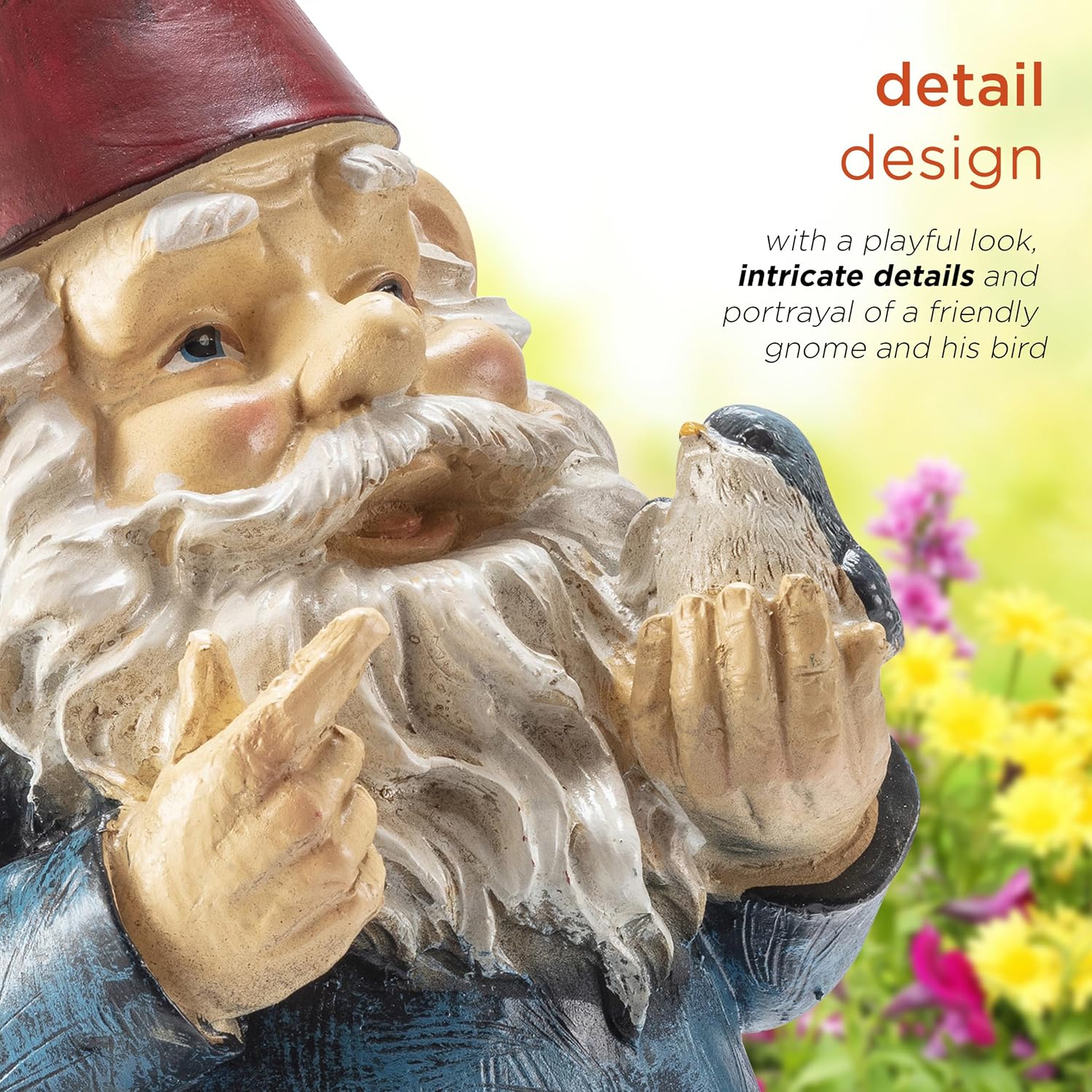 Alpine Corporation 12" Tall Garden Gnome Outdoor Yard Statue with Colorful Bird Accent - Image 6