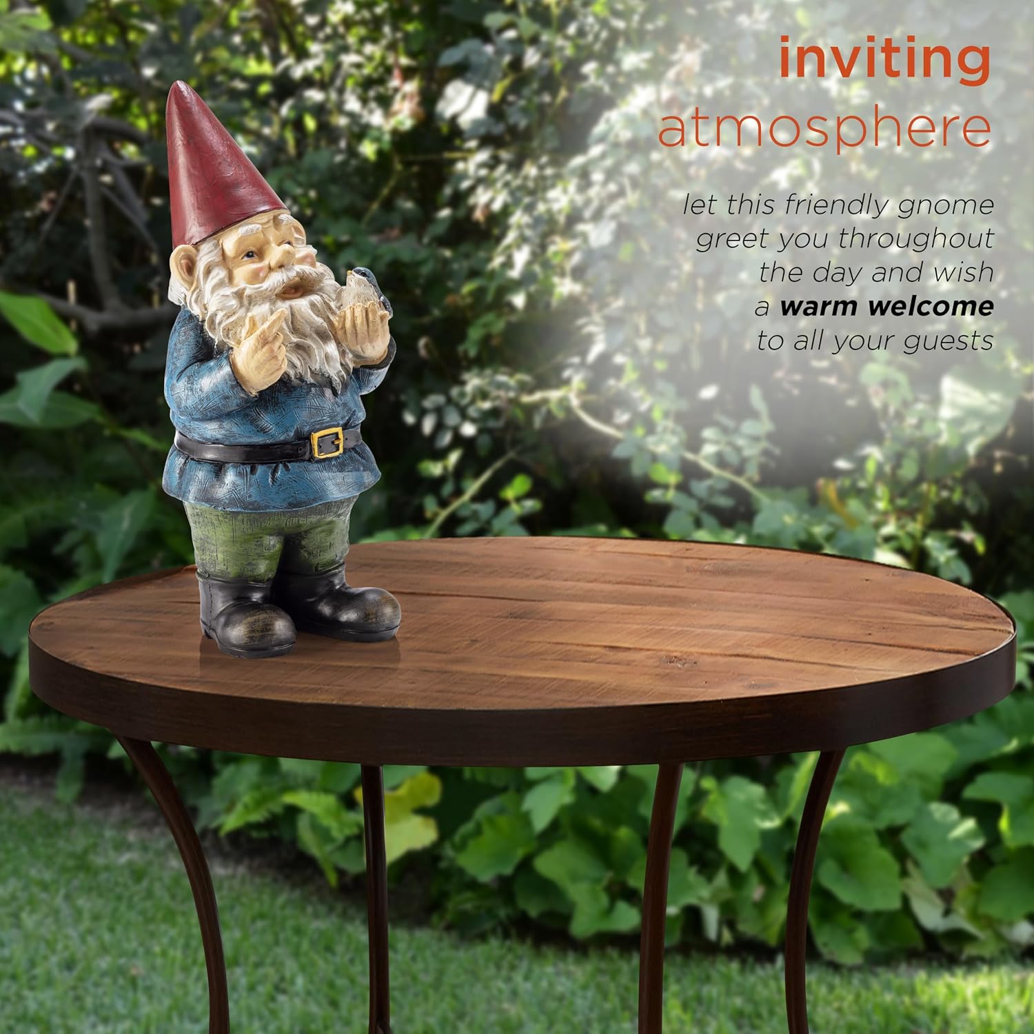 Alpine Corporation 12" Tall Garden Gnome Outdoor Yard Statue with Colorful Bird Accent - Image 4