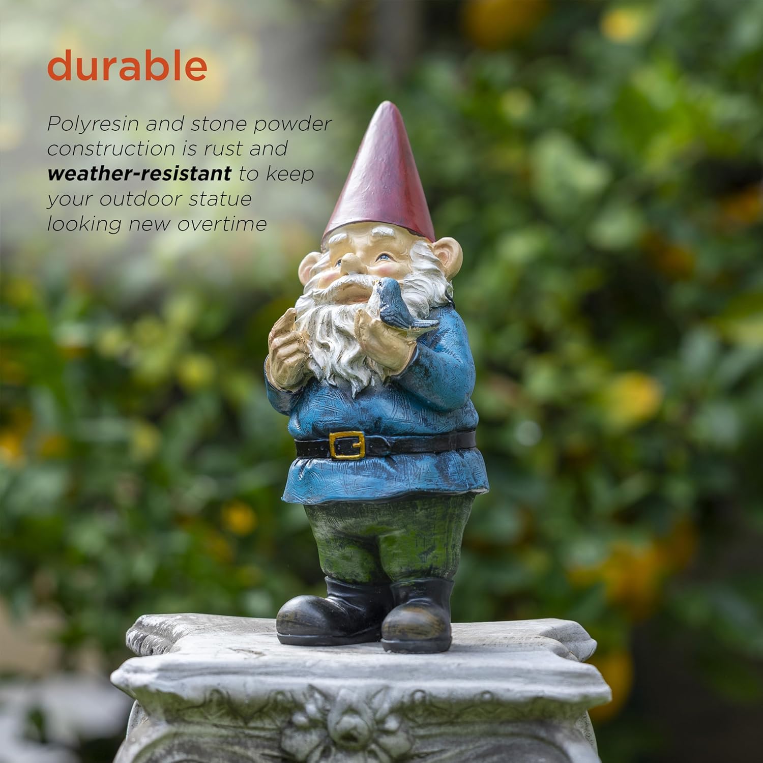 Alpine Corporation 12" Tall Garden Gnome Outdoor Yard Statue with Colorful Bird Accent - Image 5