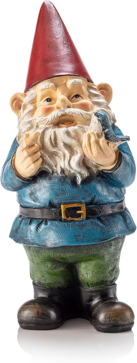 Alpine Corporation 12" Tall Garden Gnome Outdoor Yard Statue with Colorful Bird Accent - Image 8