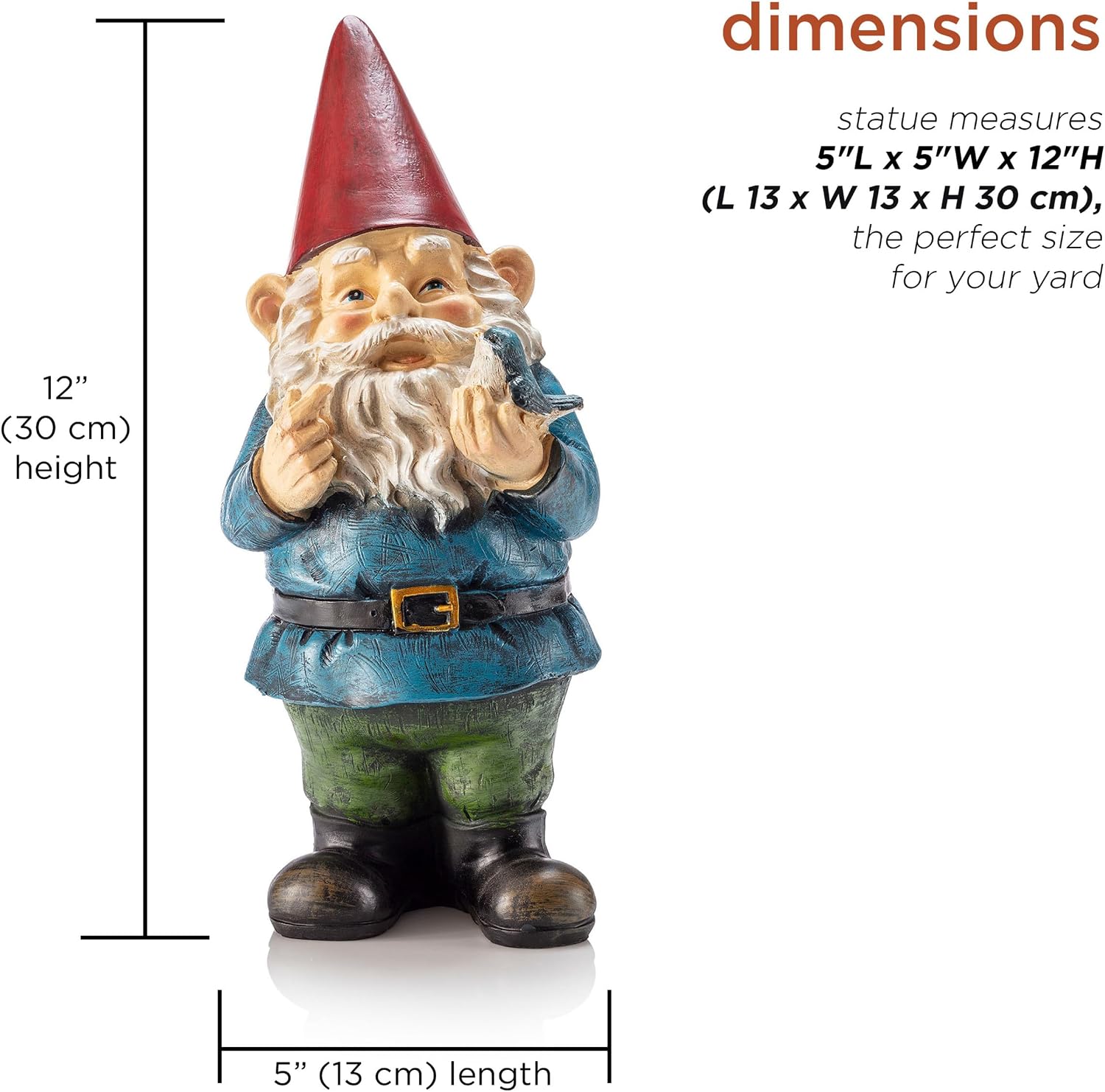 Alpine Corporation 12" Tall Garden Gnome Outdoor Yard Statue with Colorful Bird Accent - Image 3