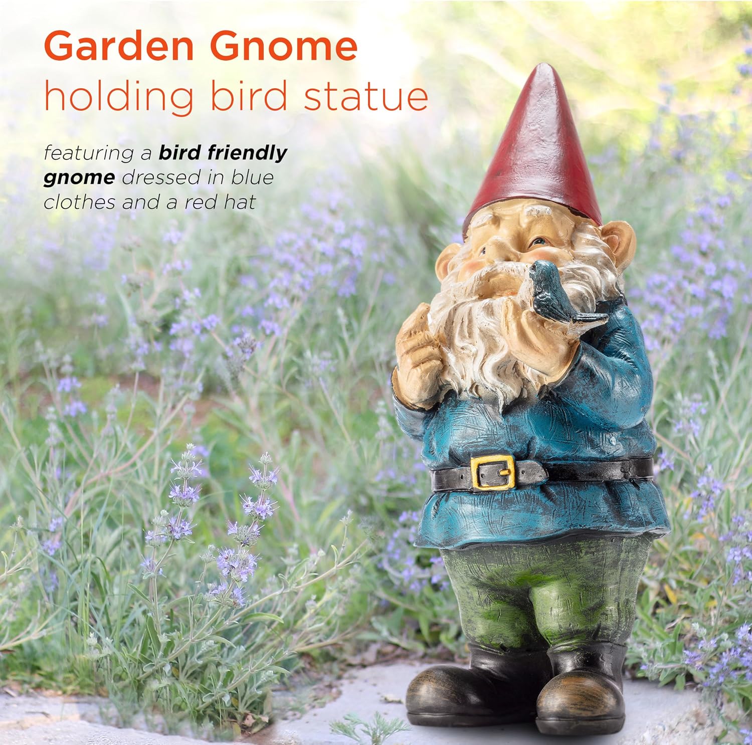 Alpine Corporation 12" Tall Garden Gnome Outdoor Yard Statue with Colorful Bird Accent - Image 7