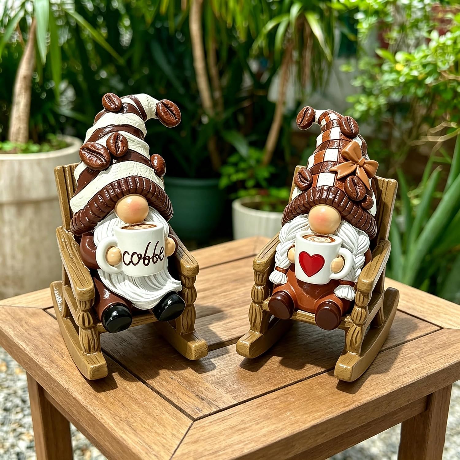 Hodao Coffee Gnome Garden Statues (2 Pack), Rocking Chair Resin Figurines with Mugs, Weatherproof Indoor Outdoor Home Patio Yard Lawn Decoration Ornament, Funny Coffee Lover Gifts